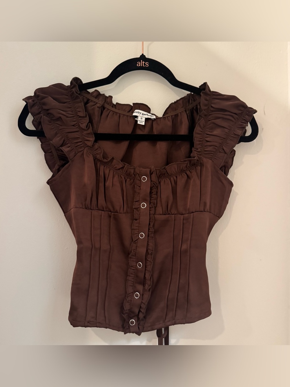 Brown Satin Milkmaid Button Top